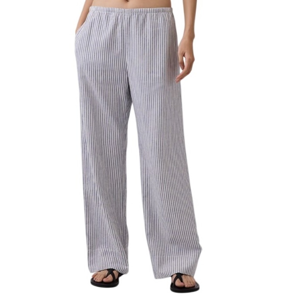 Gap‎ Womens Linen Blend Easy Wide Leg Pants M Blue White Stripe Coastal Nautical